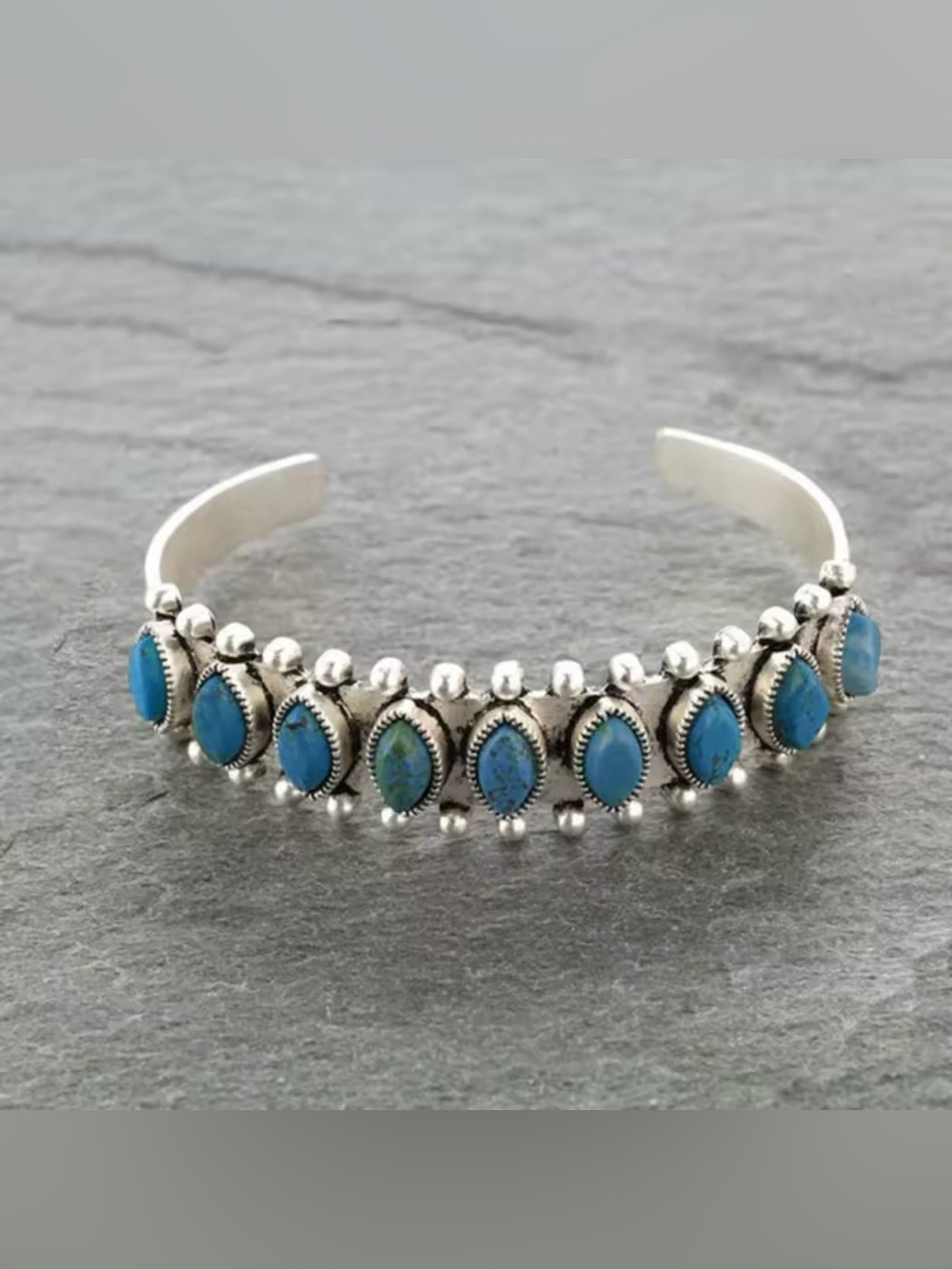 BLUE/cyan Boho Silver Turquoise Cuff Bracelet Oval Stone Beaded Statement 🆕